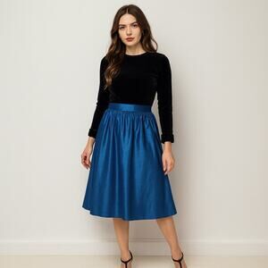 Socialite Taffeta Midi Skirt Size M Blue Pleated A-line Elastic Waist Glam Chic